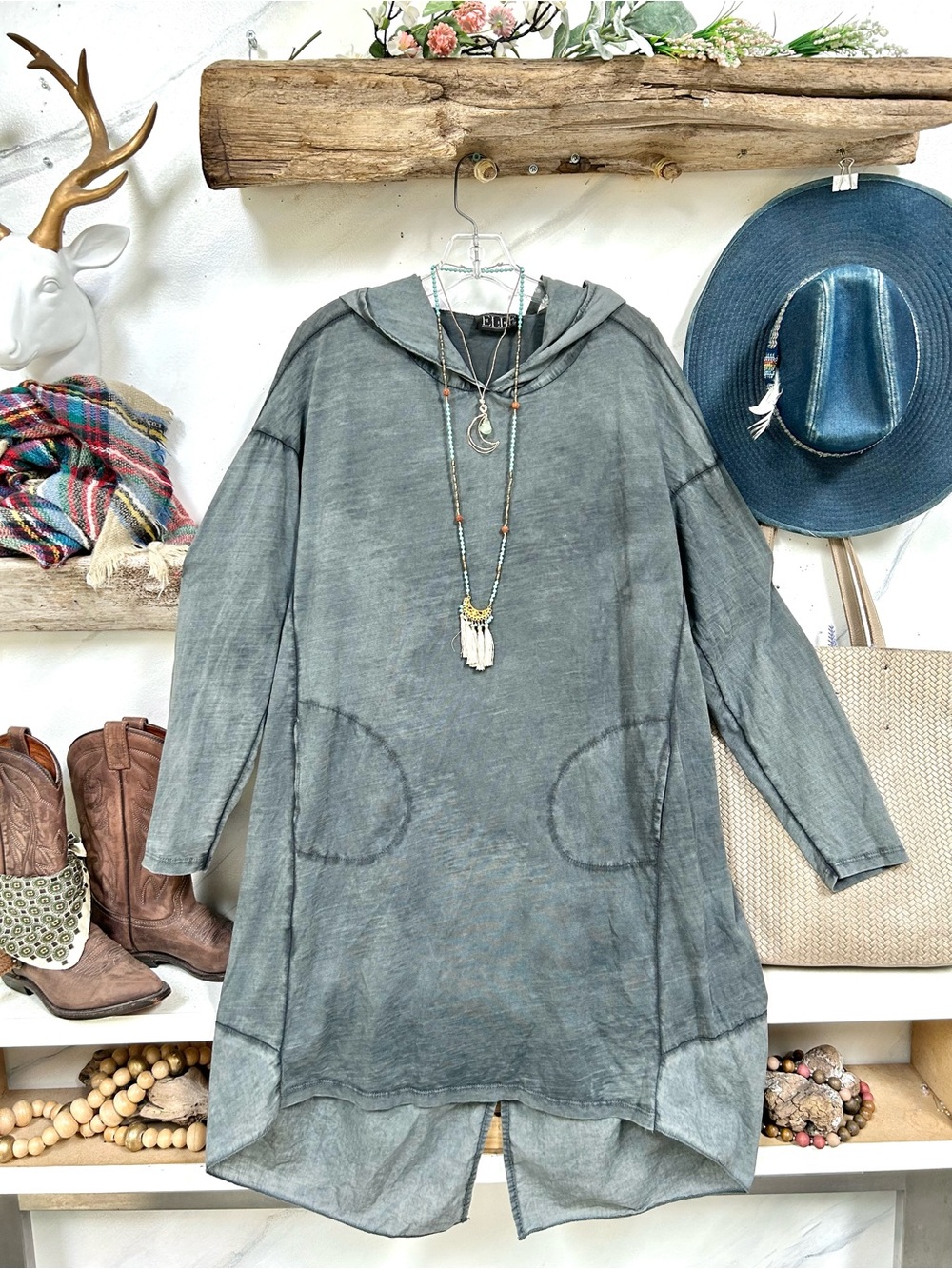 Rustic Washed Slate Hooded dress w resort vacay beach southwestern vibe